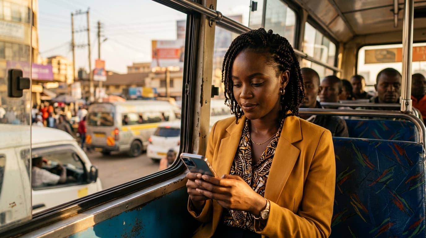 Broke After Payday kit preview — Kenyan professional reading on a matatu